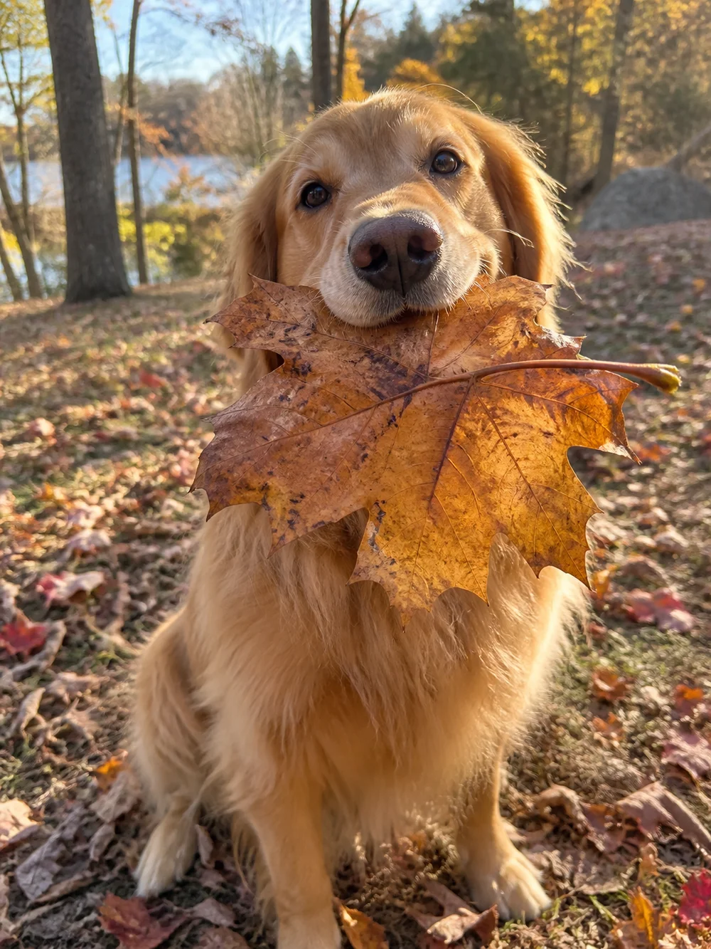 A golden retriever holding an autumn leaf.