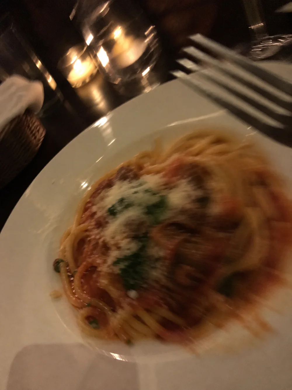 A blurry photo of a plate of pasta.